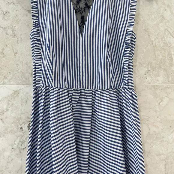 NWT SANDRO Dress Blue White Striped Cotton Lace Back "Gana" - Picture 2 of 13